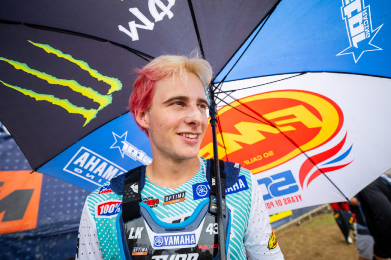 Washougal native Levi Kitchen takes a break July 1, 2023, during a Pro Motocross race in Buchanan, Mich.