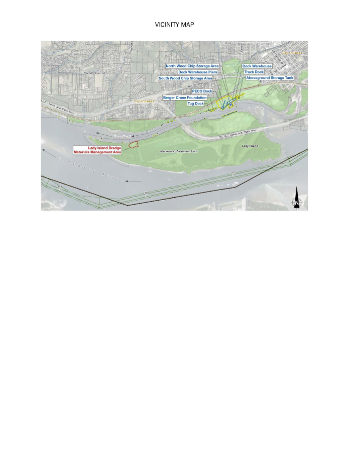A map shows the Georgia-Pacific paper mill structures in Camas, in and on the Columbia River and the Camas Slough, that are scheduled for demolition.