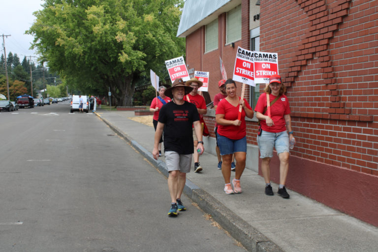 Camas teachers walk the picket line  outside Liberty Middle School Monday, Aug. 28, 2023.