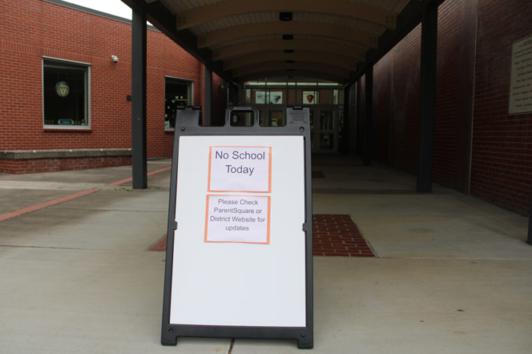 A sign outside Liberty Middle School tells the public there is "no school today," due to a Camas teachers' strike Monday, Aug. 28, 2023.