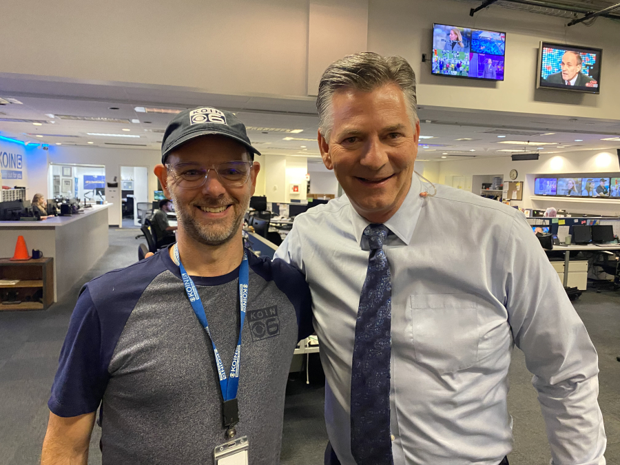 KOIN anchor Wayne Havrelly (center) takes a photo with KOIN's sports anchor Adam Bjarnson (left) and weather anchor Jamie Hudson in 2023. (Contributed photo courtesy of Wayne Havrelly)