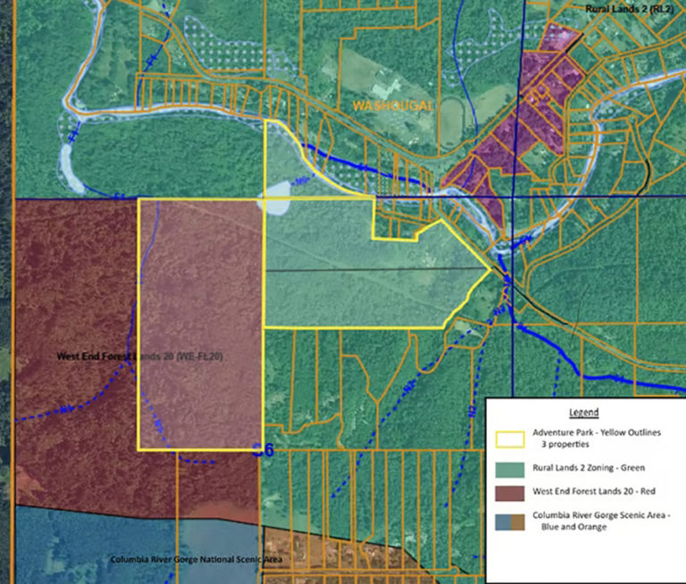 Contributed photo courtesy Preserving Washougal and West End Rural Character 
 A map of the West End of Skamania County shows where a developer has proposed to construct an adventure park on 150 acres of property (yellow lines) that he purchased in 2022.