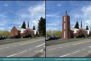 An illustration shows the current Camas Methodist Church (left) and the church as it would appear with a 60-foot cellular tower disguised by a brick bell tower and spire (right). (Photo courtesy of the city of Camas)