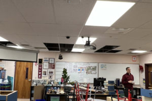Skyridge Middle School staff survey classrooms for water damage Tuesday, Jan. 23, 2024. A winter storm that hit the Camas-Washougal area over the three-day Martin Luther King, Jr. holiday weekend, Jan. 13-15, 2024, caused two pipes to freeze and burst inside the Camas middle school, impacting 22 classrooms and the library. Camas School District leaders said this week that the storm-related damage will cost at least $250,000 to repair.