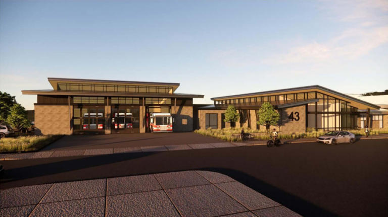 An illustration shows the proposed design for a new fire station in Washougal.