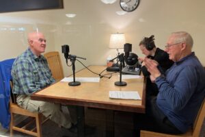 Don O’Brien (left) talks to John Neumann (far right) at the Camas Public Library as audio technician Ransom Reed records the conversation, which launched the East County Citizens Alliance’s East County Voices project in March 2024. (Contributed photos courtesy of the East County Citizens Alliance)