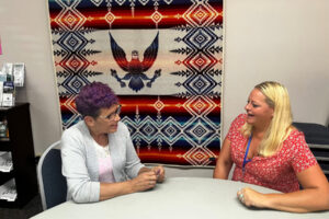 Recovery Cafe of Southwest Washington pop-up manager Jodene Stonebarger (left) and Recovery Cafe employee Desarae Hayes, talk during a Recovery Cafe session at St. Anne’s church in Washougal, Monday, July 15, 2024. (Photos by Kelly Moyer/Post-Record)