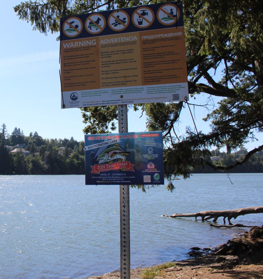 A sign posted near Lacamas Lake in Camas warns visitors of the presence of a toxic algal bloom on Thursday, Aug. 29, 2024. (Kelly Moyer/Post-Record files)