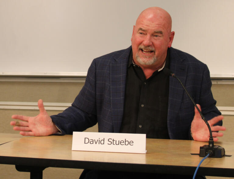Washougal Mayor David Stuebe, the Republican candidate running for Washington&rsquo;s 17th Legislative District, Position 2 seat, speaks during a League of Women Voters of Clark County candidate forum, held Saturday, Oct. 5, 2024, at the Camas Public Library in downtown Camas.