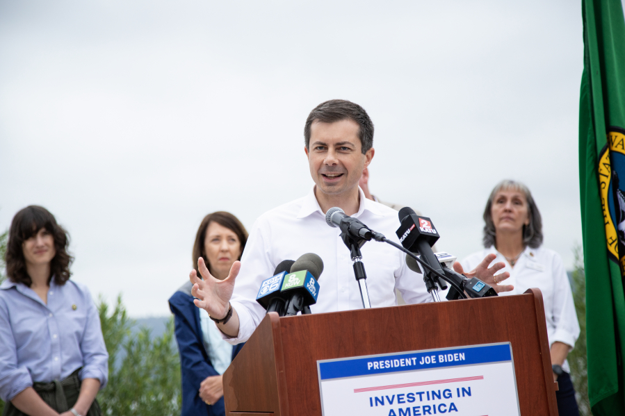 U.S. Secretary of Transportation Pete Buttigieg speaks about the city of Washougal&rsquo;s 32nd Street rail crossing project during a press conference in Washougal July 7, 2023. (Post-Record files)