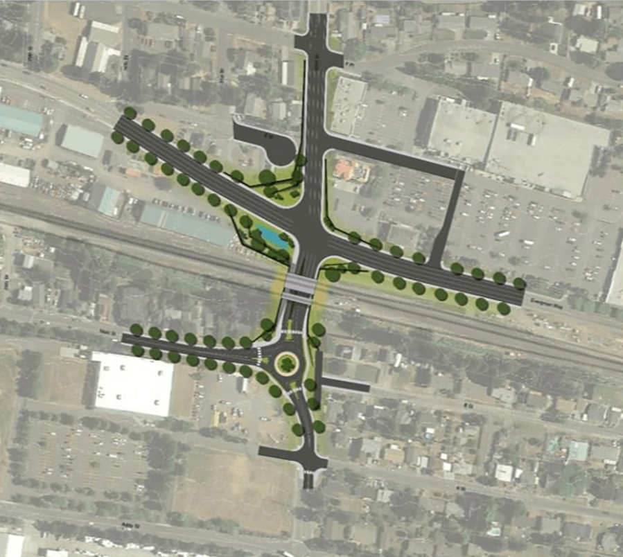 The city of Washougal&rsquo;s planned 32nd Street underpass project would provide a grade-separated railroad crossing at 32nd Street, new connector streets in the Town Center, road improvements within the Port of Camas-Washougal&rsquo;s industrial park, a roundabout at 32nd and Main streets, a signal at 32nd Street and Evergreen Way, and a sidewalk and multi-use path. (Contributed graphic courtesy of the city of Washougal)