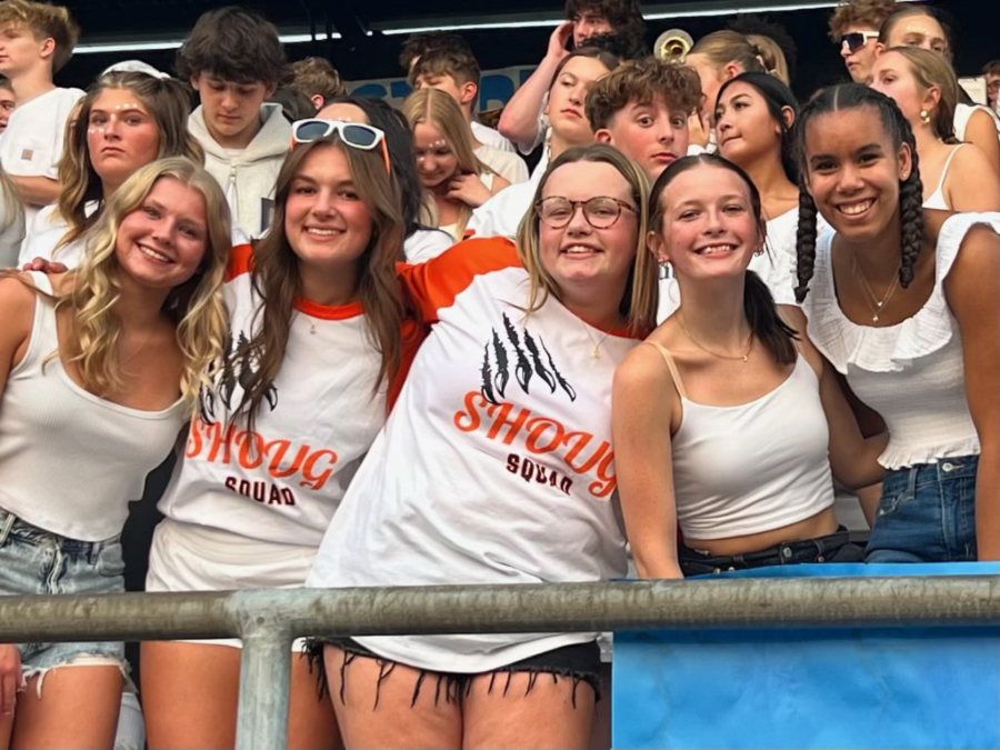 Washougal High School senior Riley Vaughan (front row, second from left) and several other Washougal High School leadership students created the Shoug Squad, a student group that supports their peers at athletic events, concerts, plays and other extracurricular activities.