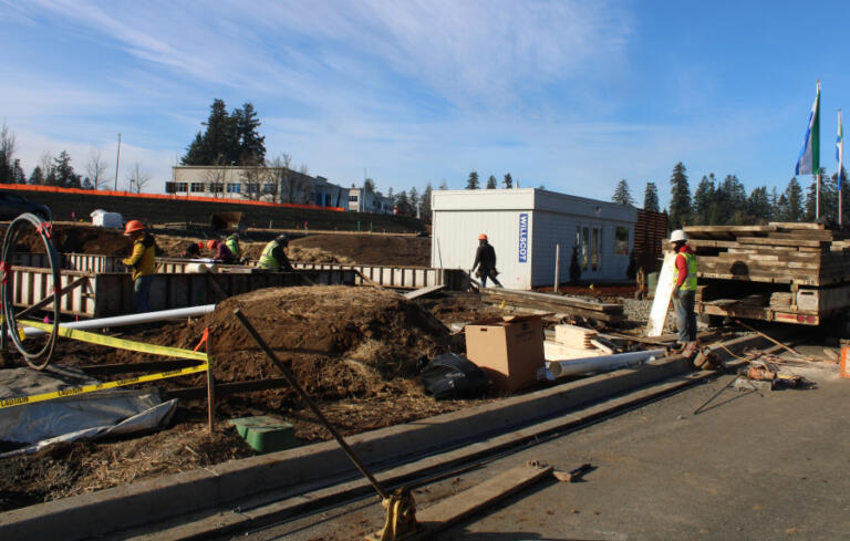 Construction crews work at The Nines at Camas Meadows residential building site in Camas on Thursday, Jan. 23, 2025.