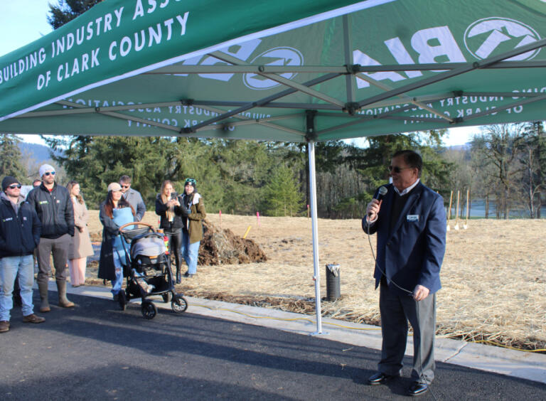 Camas Mayor Steve Hogan (right) speaks during the 2025 GRO Parade of Homes groundbreaking event at The Nines at Camas Meadows housing site, Thursday, Jan.