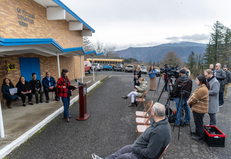 Rep. Marie Gluesenkamp Perez, D-Skamania, answers questions during a press conference at Mount Pleasant School in Washougal. Perez and other local leaders called the press conference to underscore the need to reauthorize the Secure Rural Schools program.