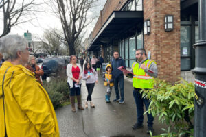 Brad Richardson, right, executive director of the Clark County Historical Museum, leads a walking history tour through downtown Camas during the Downtown Camas Association’s “Spring into History” First Friday festivities on Friday, April 7, 2023. Richardson will lead another history tour through downtown Camas this week during the DCA’s April First Friday event. Participants will meet at 5:50 p.m. at Journey Church, 304 N.E. Fourth Ave., Friday, April 4. (Kelly Moyer/Post-Record)