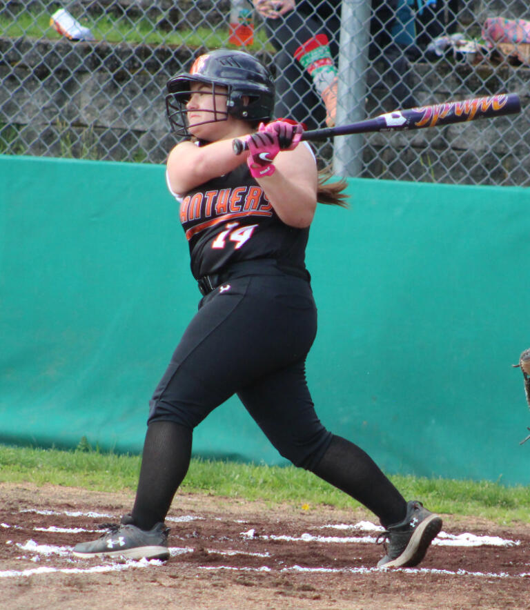 Washougal&rsquo;s Abigail Alway swings at a pitch during the Panthers&rsquo; home game against Hudson&rsquo;s Bay on April 11, 2025.