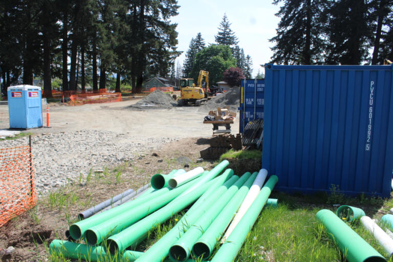 Construction vehicles and equipment are seen at Camas&rsquo; historic Crown Park on Friday, April 25, 2025. The 91-year-old park is undergoing an extensive remodel that will include an interactive splash pad.