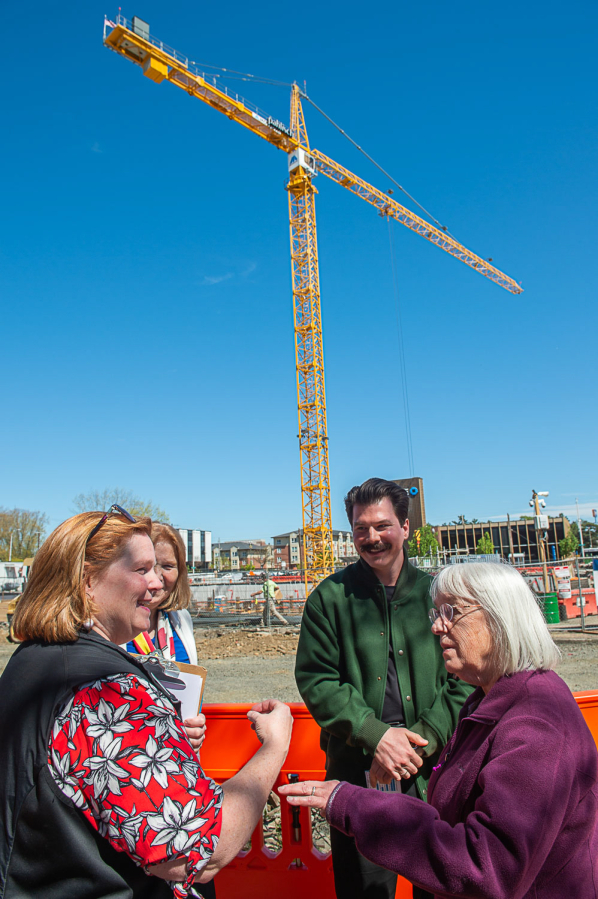 U.S. Sen. Patty Murray, D-Wash., center, and Michael Walker, executive director of Vancouver Downtown Association, Mayor Anne McEnerny-Ogle, and city of Vancouver staffer Julie Arenz, discuss Vancouver’s Main Street Promise project. (James Rexroad/for The Columbian)