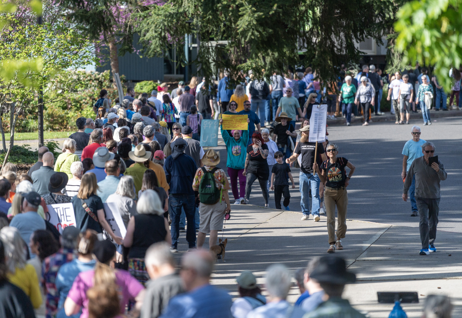 Hundreds of people line up for a town hall with U.S. Rep. Marie Gluesenkamp Perez on Thursday, April 24, 2025, at the Luepke Center in central Vancouver.