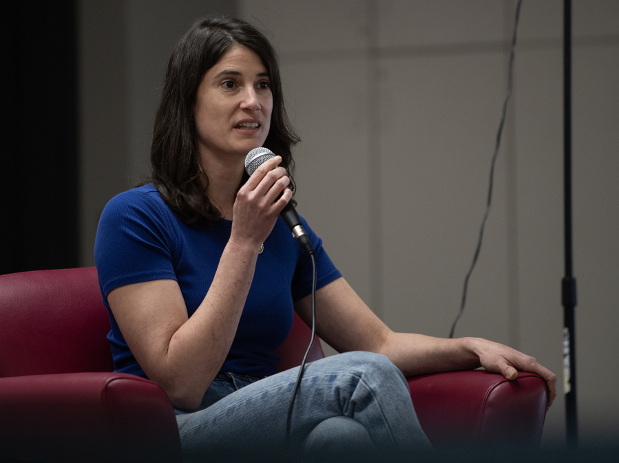 U.S. Rep. Marie Gluesenkamp Perez speaks to a crowd Thursday during a town hall at the Luepke Center in central Vancouver.