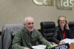 Camas City Councilors John Svilarich, left, and Marilyn Boerke conduct city council applicant interviews inside Camas City Hall on April 8. A Clark County Superior Court judge has advanced efforts to recall Svilarich, who&rsquo;s facing a felony assault charge. Camas city councilor (Kelly Moyer/Post-Record files)