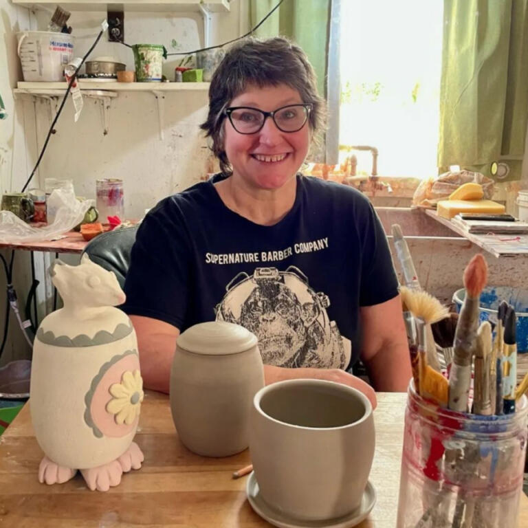 Artist Elizabeth Wocasek, pictured in her Hockinson-area home art studio, will bring her whimsical sculptures to the 2025 Camas Plant and Garden Fair in downtown Camas on Saturday.