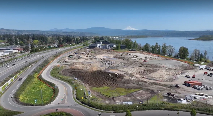 Drone footage shows progress on the first phase of construction at Hyas Point on May 13. Once completed, the Washougal waterfront development will include a mix of residential, commercial and office spaces, as well as community gathering areas, a senior living center and an athletic club. (Contributed by Central Bethany Construction)