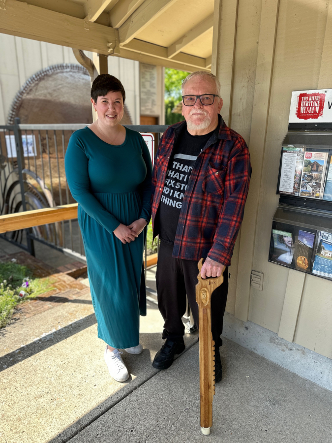 Two Rivers Heritage Museum Director Julianne Lawrence, left, and Camas-Washougal Historical Society President Dick Lindstrom visit the Washougal museum in 2025. (Contributed by Two Rivers Heritage Museum)