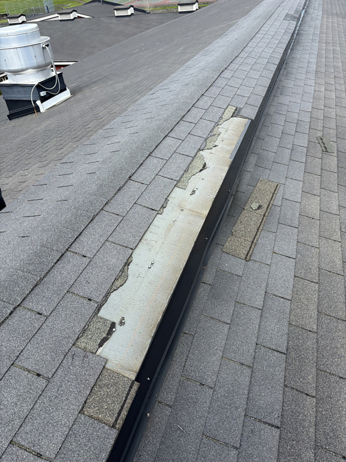 An aerial photo shows damage to the Washougal High School roof. The Washougal School District plans to replace the roof before the start of the 2025-2026 school year. (Photo contributed by Garland Industries)