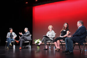 Camas leaders gather on the stage of the Joyce Garver Theater in Camas on Tuesday, May 20, 2025, for a “Let’s Talk Together for Camas” forum hosted by the Camas School District and the district’s Community Equity Forum group. Pictured from left to right are Port of Camas-Washougal Executive Director Trang Lam, Camas School District Superintendent John Anzalone, Camas City Councilor Marilyn Boerke, Camas business owner Melissa Peake and Camas Mayor Steve Hogan. (Kelly Moyer/Post-Record)
