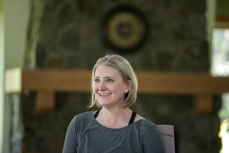 Camas Police Chief Tina Jones chats with participants in the &ldquo;Mindful Agility&rdquo; class at Lacamas Lake Lodge in Camas on April 30.