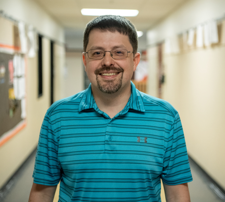 Washougal High School teacher William Baur. stands for a portrait May 15 at Washougal High School. Baur is a nominee for the Presidential Award for Excellence in Math and Science Teaching. (Taylor Balkom/The Columbian)