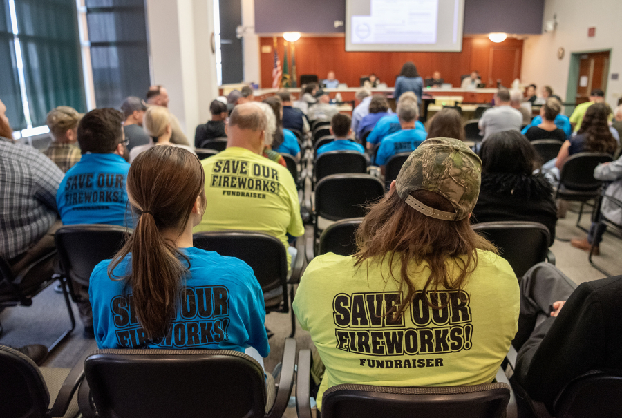 People listen to public comment Wednesday during a Clark County Council meeting at the Clark County Public Service Center. The council did not make any changes Wednesday to fireworks policies for the 2026 Fourth of July holiday. (Photos by Taylor Balkom/The Columbian)