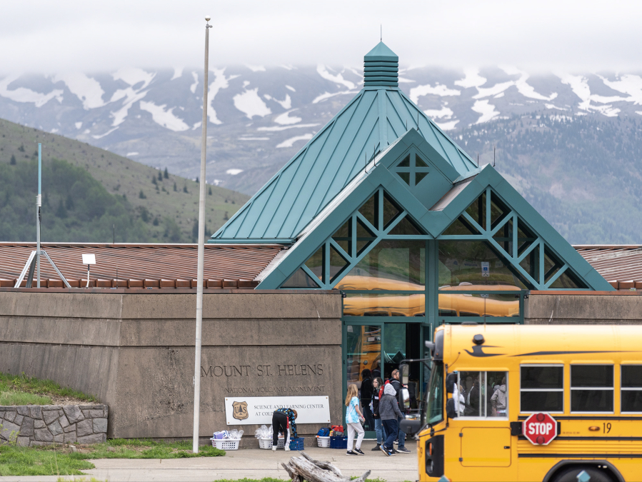 Hazel Dell Middle School students walk into the Mount St. Helens National Volcanic Monument Science and Learning Center at Coldwater on May 23, 2023. The nonprofit Mount St. Helens Institute uses the building to conduct youth education programs. (Taylor Balkom/The Columbian files)
