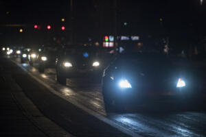 Motorists with bright headlights navigate an intersection near Vancouver Mall on Feb. 26, 2020. U.S. Rep. Marie Gluesenkamp Perez, D-Skamania, says something needs to be done about overly bright headlights. (Amanda Cowan/The Columbian files)