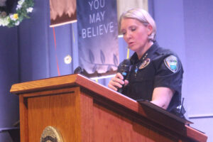 Camas Police Department chief Tina Jones speaks during the department's awards ceremony on May 30 in Camas. (Doug Flanagan/Post-Record)