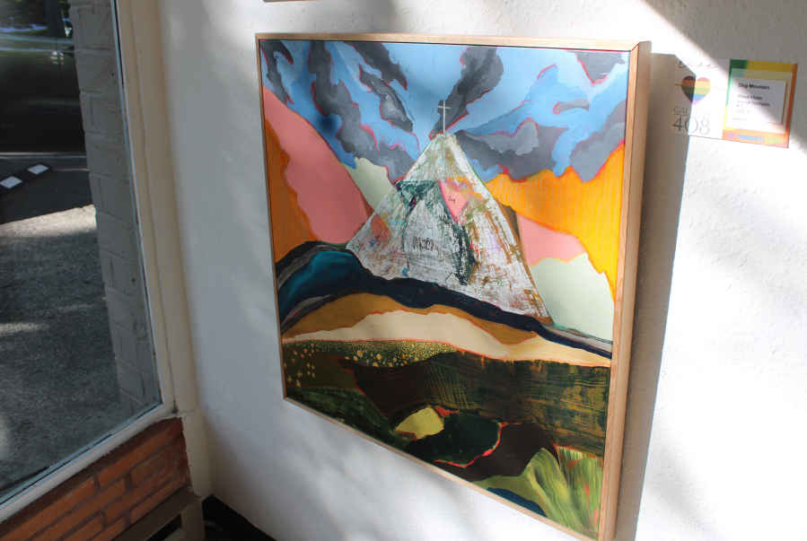 Artist Bianca Youngers’ mixed-media artwork, “Dog Mountain,” is one of several pieces for sale inside Gallery 408 in downtown Camas that will benefit Cascade AIDS Project as part of the gallery’s one-year anniversary fundraiser. (Kelly Moyer/Post-Record)
