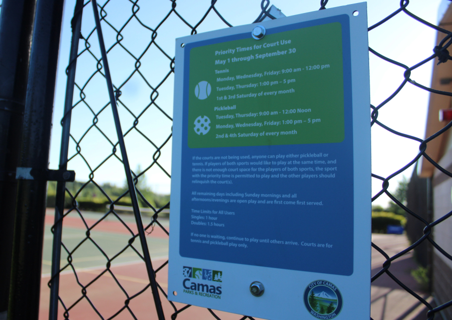 A sign outlining the rules of a shared-use pickleball-tennis court is posted at Grass Valley Park in Camas Friday evening, June 6, 2025.