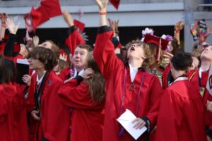 Camas High School class of 2025 graduates toss their caps at the end of the school’s commencement ceremony at Doc Harris Stadium in Camas on Friday, June 13, 2025. (Courtesy of Doreen McKercher, Camas School District)