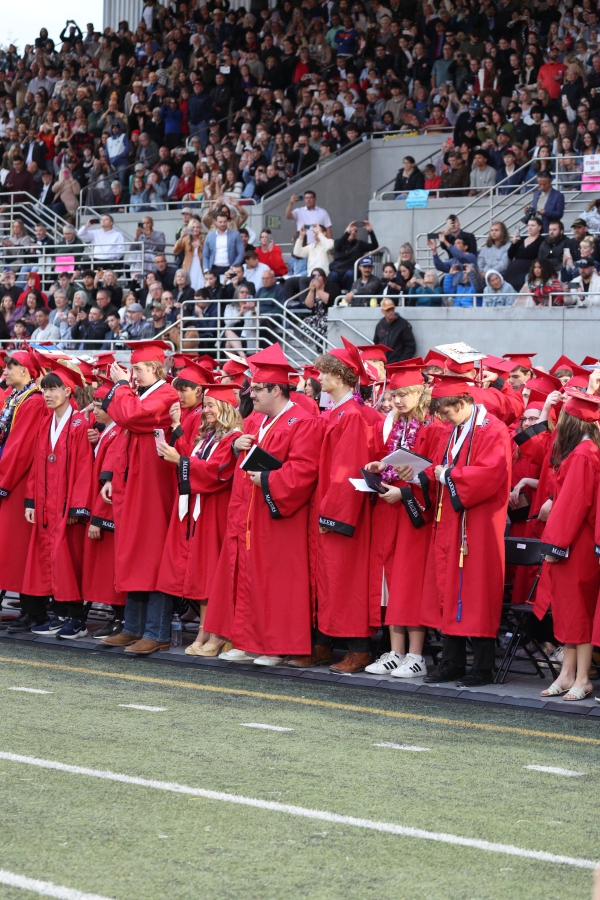 Families and friends of Camas High School’s 2025 graduating seniors fill the bleachers at Doc Harris Stadium in Camas ahead of the high school’s commencement ceremony for the class of 2025 on Friday. (Courtesy of Doreen McKercher, Camas School District)