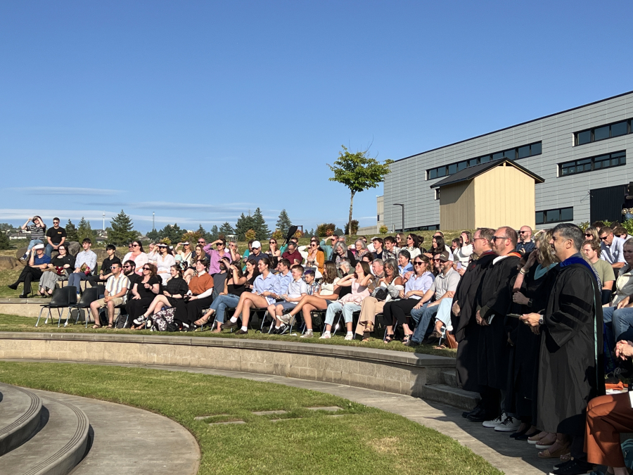 A crowd gathers outside Discovery High School in Camas on Thursday for the school’s commencement ceremony honoring the class of 2025. (Courtesy of Doreen McKercher, Camas School District)