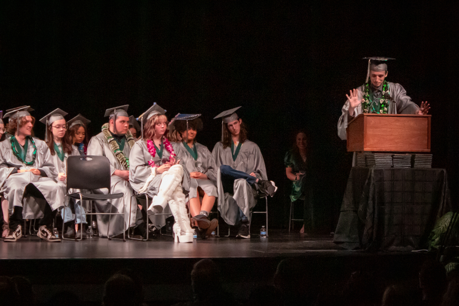 Hayes Freedom High School’s class of 2025 graduates listen to a classmate’s speech during the high school’s commencement ceremony at Joyce Garver Theater in Camas on June 14, 2025. (Courtesy of Kendall Quarels, Camas School District)