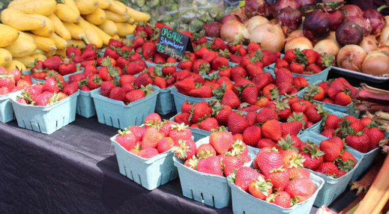 Organic strawberries are displayed next to onions, Brussels sprouts and summer squash inside the Fernandez Farms vendor booth at the Camas Farmer's Market on Wednesday, June 11. 2025. The market's official Berry Days market, set for July 9, will serve berry shortcake desserts to the first 300 customers, beginning at 4:30 p.m.
