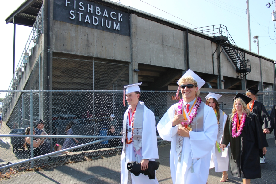 Washougal High School’s class of 2025 graduating seniors make their way to the school’s commencement ceremony at Fishback Stadium in Washougal on Saturday. (Courtesy of Washougal School District)