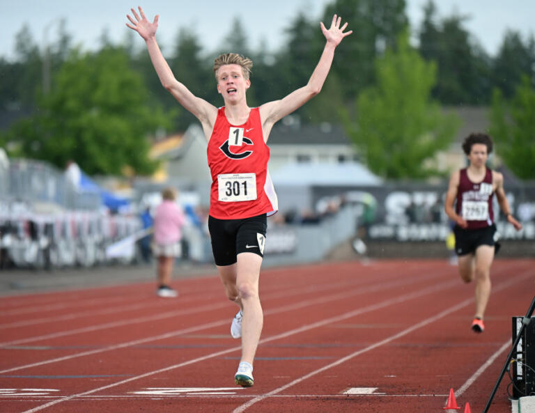 Camas junior Cohen Butler celebrates winning the 4A boys 3,200-meter run during the WIAA State Track and Field Championships in Tacoma on May 31.