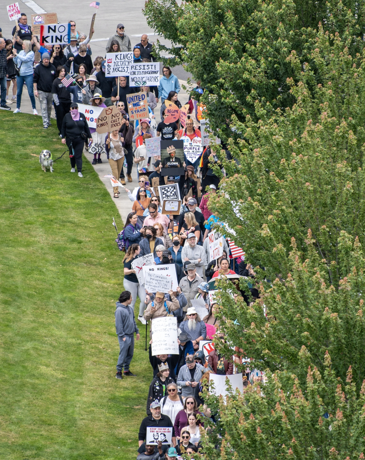 Protesters march down West Columbia Way on Saturday, June 14, 2025, during the nationwide “No Kings” rally at the Vancouver waterfront. (Photos by Taylor Balkom/The Columbian)