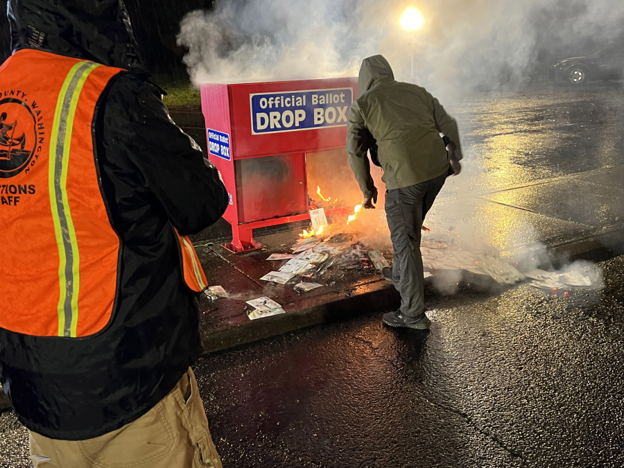 Clark County Auditor Greg Kimsey responds to the October 2024 attack on a Clark County ballot drop box at the C-Tran Fisher’s Landing Transit Center in Vancouver. Secretary of State Steve Hobbs awarded Kimsey Auditor of the Year. (Photo contributed by Clark County)