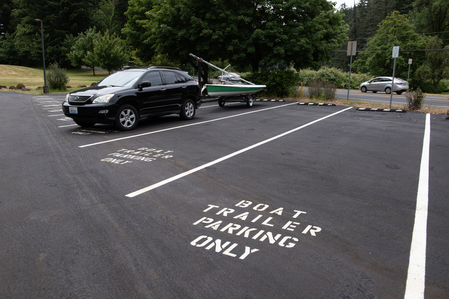 Boat trailer-only parking is pictured at Heritage Park in Camas on June 20, 2025. Under a new Camas ordinance, trailers and recreational vehicles will no longer be allowed to park at city parks except for in designated spaces. (Amanda Cowan/The Columbian)