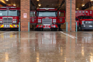 Camas-Washougal Fire Department vehicles stay dry inside Camas Fire Station 42 on March 21. (Taylor Balkom/The Columbian files)